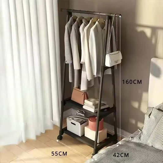 Portable Triangle Clothes Rack – Mobile Floor-Standing Hanger with Shelves & Wheels for Bedroom Storage