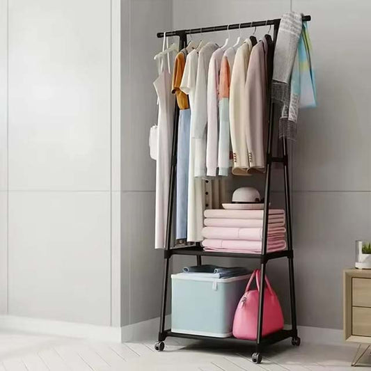 Portable Triangle Clothes Rack – Mobile Floor-Standing Hanger with Shelves & Wheels for Bedroom Storage