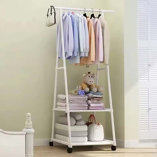 Portable Triangle Clothes Rack – Mobile Floor-Standing Hanger with Shelves & Wheels for Bedroom Storage