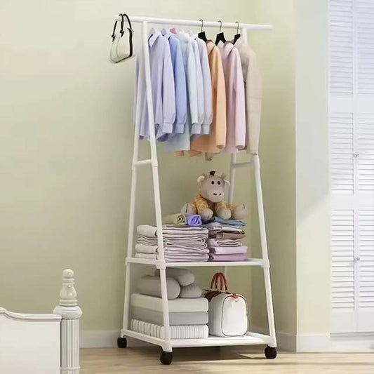 Portable Triangle Clothes Rack – Mobile Floor-Standing Hanger with Shelves & Wheels for Bedroom Storage