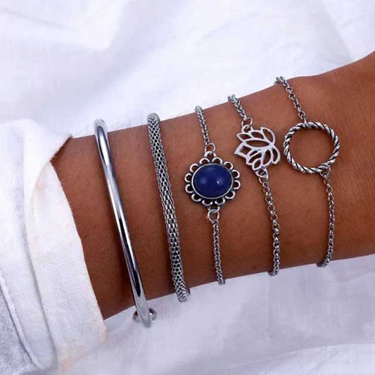 IFMIA 5Pcs Bohemian Lotus Flower Bracelet Set – Vintage Metal Chain Bracelets for Women with Round Pendant | Fashion Jewelry for Men & Women