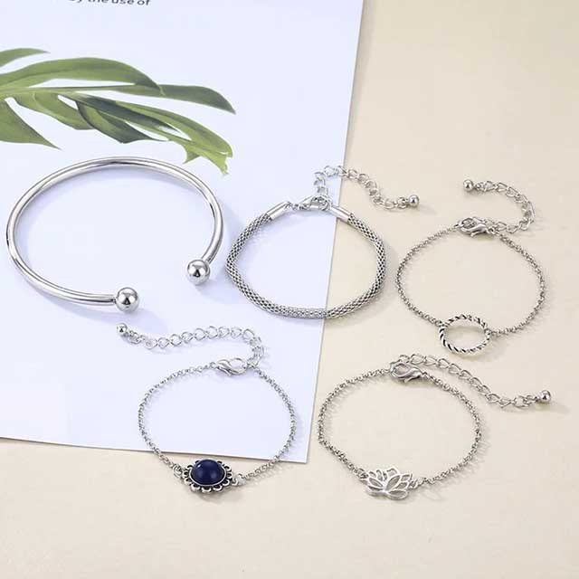 IFMIA 5Pcs Bohemian Lotus Flower Bracelet Set – Vintage Metal Chain Bracelets for Women with Round Pendant | Fashion Jewelry for Men & Women