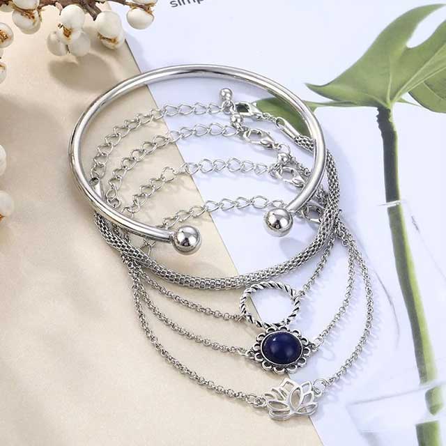 IFMIA 5Pcs Bohemian Lotus Flower Bracelet Set – Vintage Metal Chain Bracelets for Women with Round Pendant | Fashion Jewelry for Men & Women