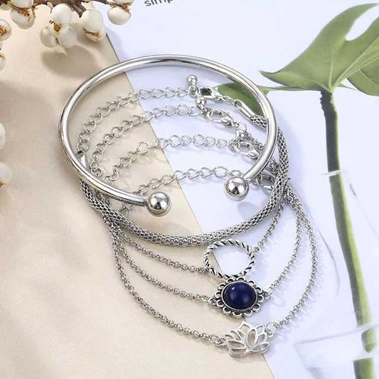 IFMIA 5Pcs Bohemian Lotus Flower Bracelet Set – Vintage Metal Chain Bracelets for Women with Round Pendant | Fashion Jewelry for Men & Women