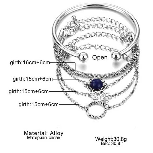 IFMIA 5Pcs Bohemian Lotus Flower Bracelet Set – Vintage Metal Chain Bracelets for Women with Round Pendant | Fashion Jewelry for Men & Women