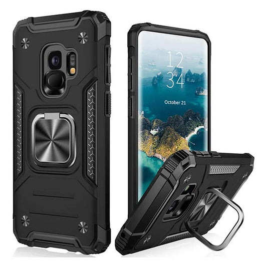 IKAZZ Galaxy S9 Case – Dual Layer Full-Body Rugged Protective Phone Cover (Soft TPU &amp; Hard PC) with Anti-Slip Design &amp; Magnetic Kickstand – Black