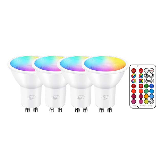 ILC GU10 LED Light Bulb Pack of 4 – 5W (40W Equivalent) Color Changing LED, 12 Color Options, Dimmable Warm White (2700K) RGB Lighting with Remote Control