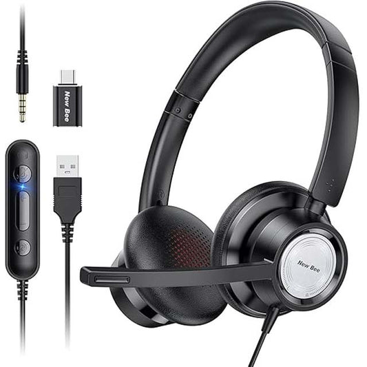 New Bee USB-C & 3.5mm Headset with Noise-Canceling Mic – Ideal for Business Calls, Skype, Online Courses & More (Black)