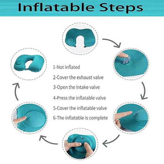 Inflatable U-Shaped Travel Neck Pillow with Push Button – Portable Neck Support Cushion for Office, Home & Airplane Travel | Compact Pillow Kit with Free Travel Pipes