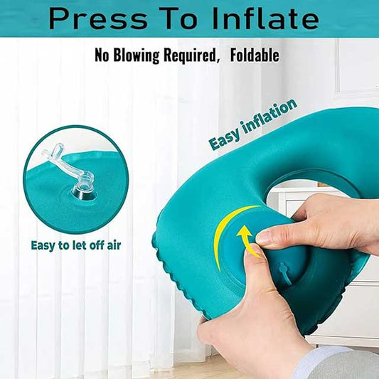 Inflatable U-Shaped Travel Neck Pillow with Push Button – Portable Neck Support Cushion for Office, Home & Airplane Travel | Compact Pillow Kit with Free Travel Pipes