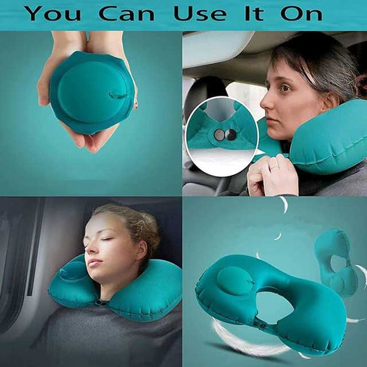 Inflatable U-Shaped Travel Neck Pillow with Push Button – Portable Neck Support Cushion for Office, Home & Airplane Travel | Compact Pillow Kit with Free Travel Pipes