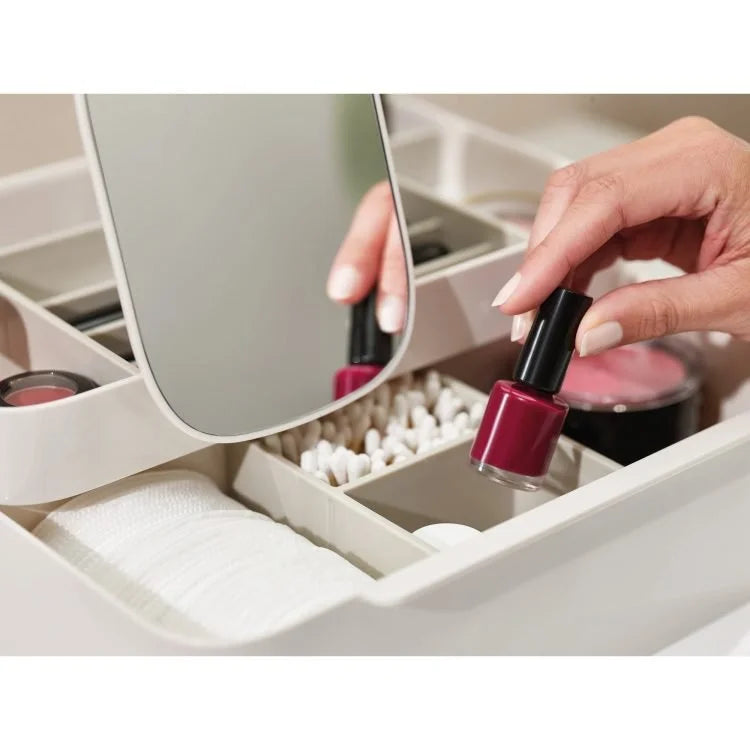 Grand Organisateur de Maquillage avec Miroir Grossissant Amovible 3X – Boîte de Rangement Cosmétique avec Tiroir pour Pinceaux, Rouges à Lèvres et Soins de la Peau