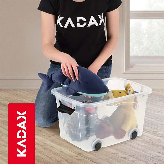 KADAX 40L Clear Plastic Storage Box with Wheels &amp; Lid – Organizer Box with Click Closure for Toys, Clothes, and Household Items