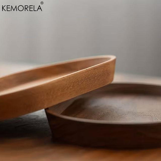 KEMORELA Japanese-Style Solid Wood Round Dessert Plate – Elegant Wooden Tray for Snacks, Dried Fruits & More