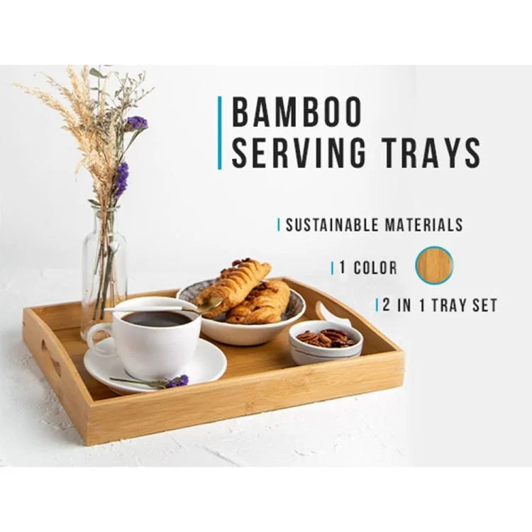 Bamboo Serving Tray Set – 2 Piece Wooden Food & Breakfast Tray Set for Kitchen, Coffee Table & Home Décor