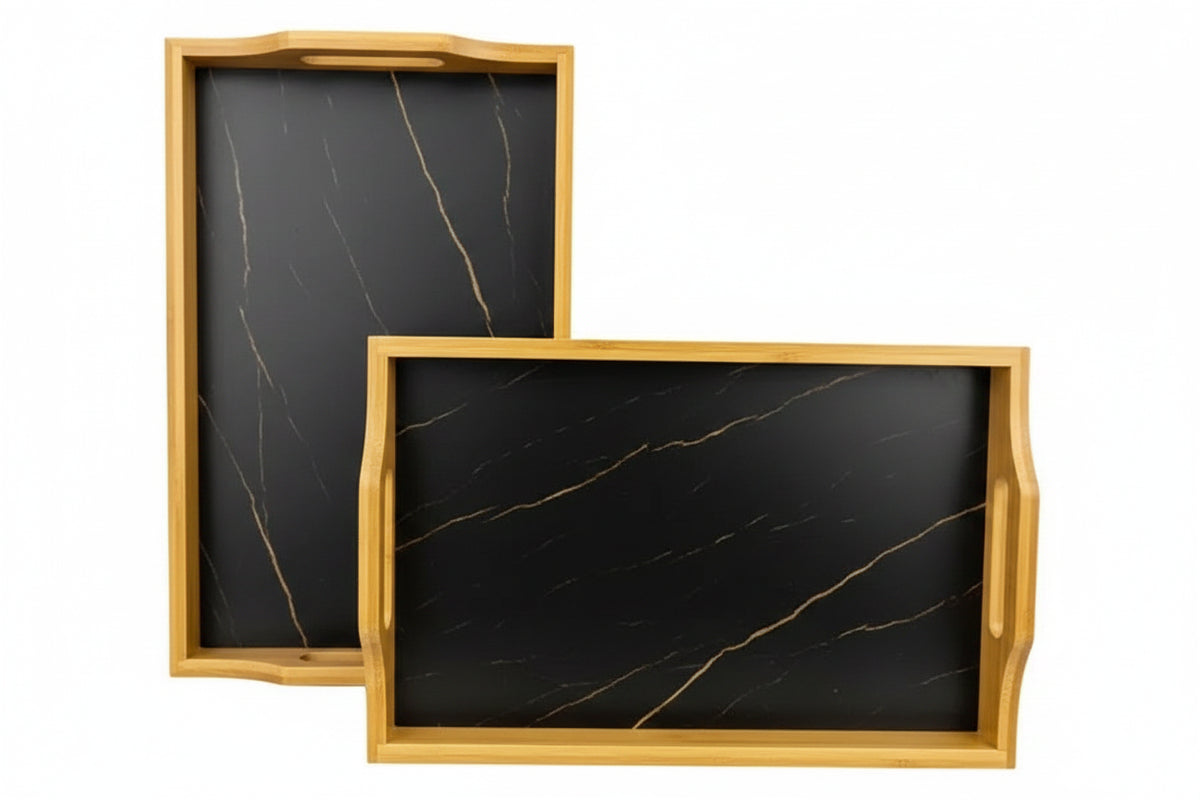 Bamboo Serving Tray Set – 2 Piece Wooden Food & Breakfast Tray Set for Kitchen, Coffee Table & Home Décor