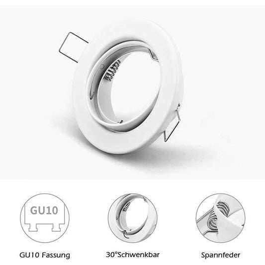 KYOTECH GU10 Recessed Spotlight Mounting Frame – 68mm Hole, 90mm White Ceiling Fixture with Swivelling GU10 Socket (LED/Halogen, IP23)