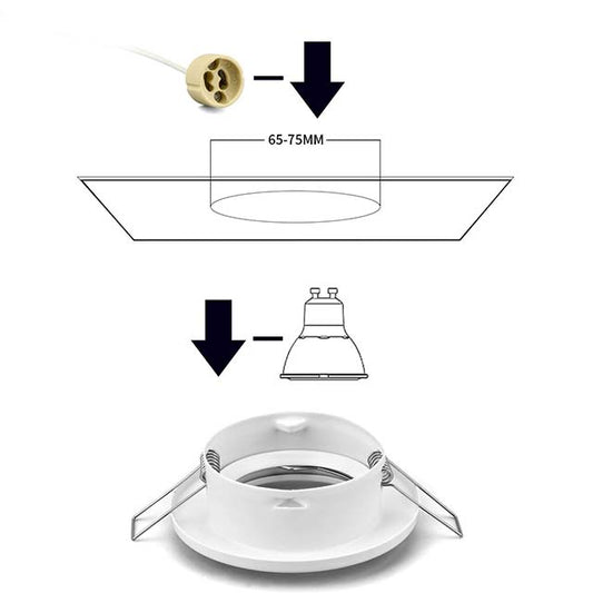 KYOTECH GU10 Recessed Spotlight Mounting Frame – 68mm Hole, 90mm White Ceiling Fixture with Swivelling GU10 Socket (LED/Halogen, IP23)