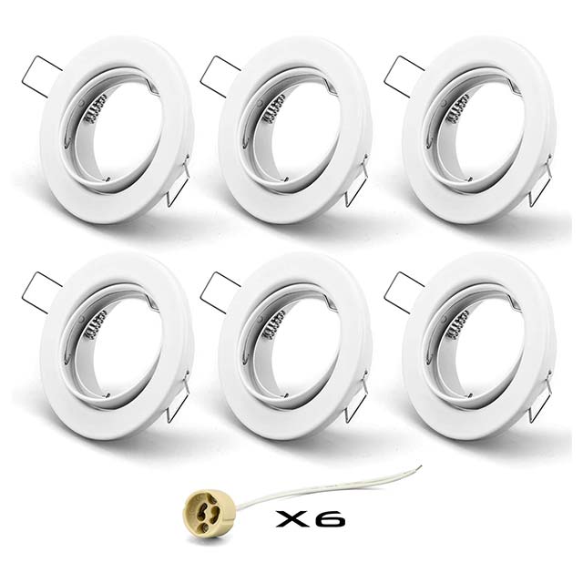 KYOTECH GU10 Recessed Spotlight Mounting Frame – 68mm Hole, 90mm White Ceiling Fixture with Swivelling GU10 Socket (LED/Halogen, IP23)