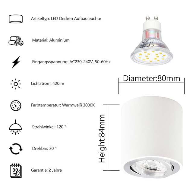 KYOTECH OPPER LED Surface-Mounted Ceiling Light Flat Swivelling 230 V- 5 W GU10 Bulb - 3000 K Warm White - 80 x 84 mm LED Surface-Mounted Downlight