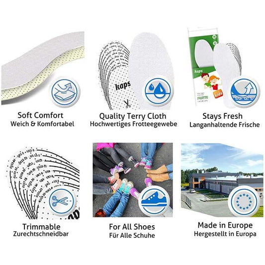 Kaps Frotte Kids European Extra Comfortable Shoe Insoles – Shock &amp; Sweat Absorbing Terry Cloth, Custom Cut-to-Fit Replacement/Add-On Soles for Kids