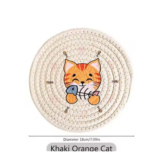 Printed Cat Design Heat-Resistant Pads – Round Table & Cup Mats for Home & Kitchen Use
