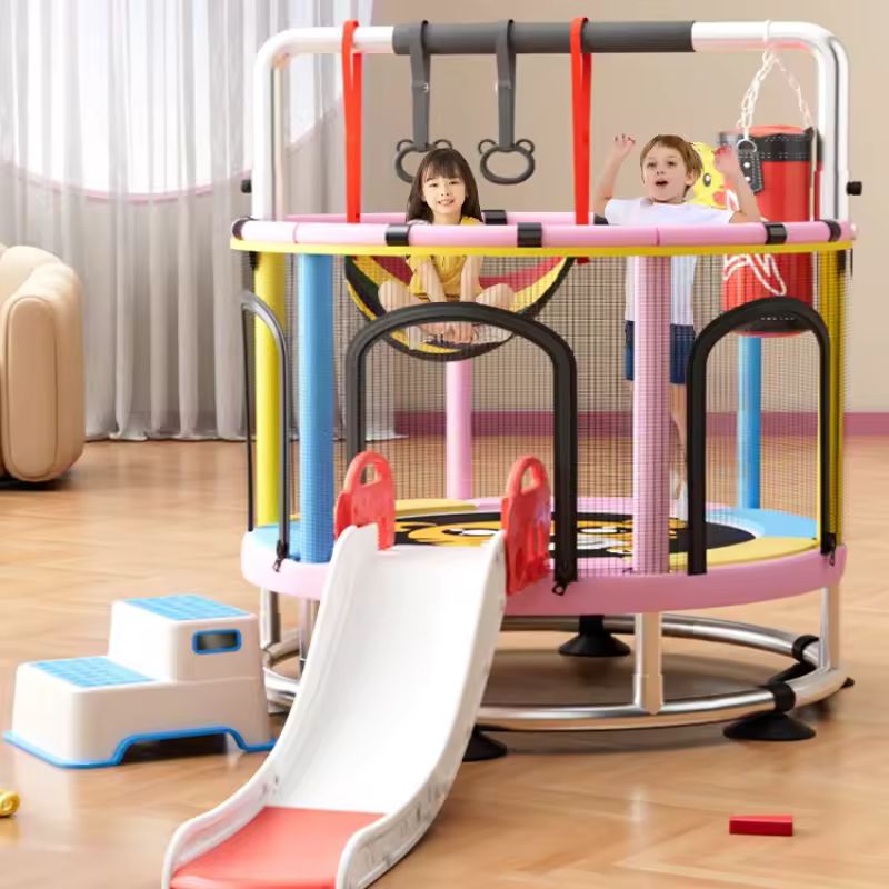 Kids' Indoor Trampoline with Safety Enclosure Net & Slide – 3-in-1 Home Fitness & Play Center – Durable Stainless Steel Frame Mini Jumper for Toddlers and Children – Model 985