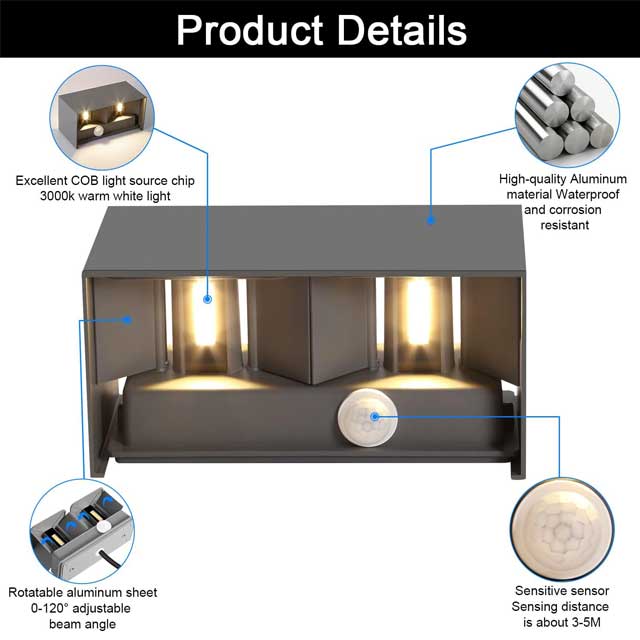Kingwei 20 W Outdoor Wall Light with Motion Sensor, Wall Lighting, 3000 K Auto On/Off, Adjustable Beam Angle, Wall Light Up Down Design, Grey