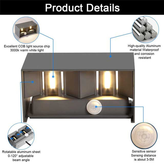 Kingwei 20 W Outdoor Wall Light with Motion Sensor, Wall Lighting, 3000 K Auto On/Off, Adjustable Beam Angle, Wall Light Up Down Design, Grey