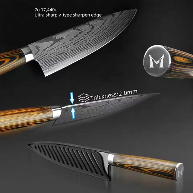 Japanese Chef Knife – 7CR17 440C High Carbon Stainless Steel Imitation Damascus Sanding Laser Kitchen Knife