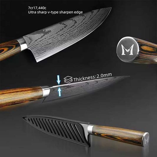 Japanese Chef Knife – 7CR17 440C High Carbon Stainless Steel Imitation Damascus Sanding Laser Kitchen Knife
