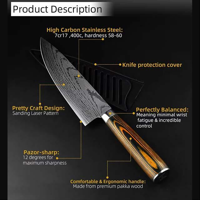 Japanese Chef Knife – 7CR17 440C High Carbon Stainless Steel Imitation Damascus Sanding Laser Kitchen Knife