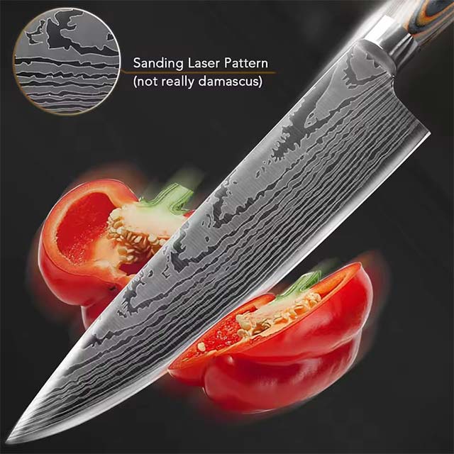 Japanese Chef Knife – 7CR17 440C High Carbon Stainless Steel Imitation Damascus Sanding Laser Kitchen Knife