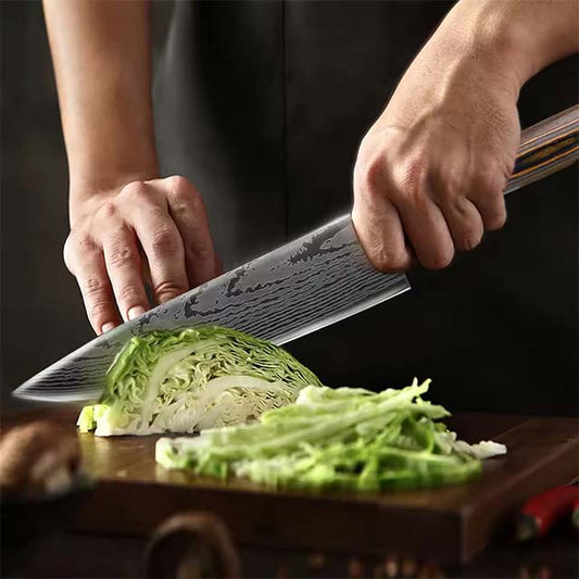 Japanese Chef Knife – 7CR17 440C High Carbon Stainless Steel Imitation Damascus Sanding Laser Kitchen Knife