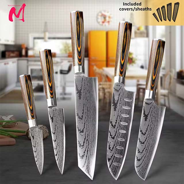 Japanese Chef Knife – 7CR17 440C High Carbon Stainless Steel Imitation Damascus Sanding Laser Kitchen Knife