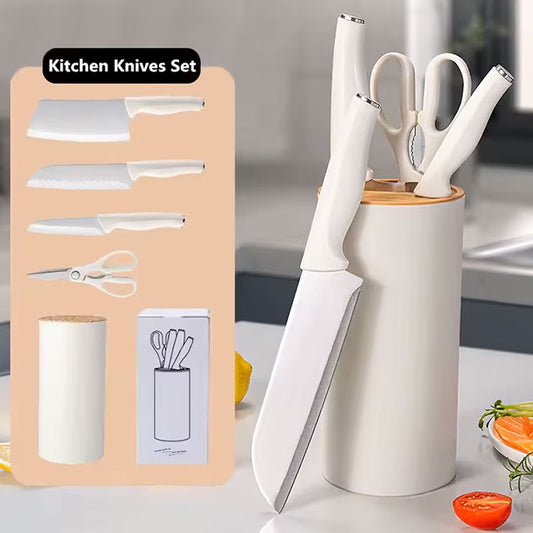Kitchen Knife Set with Holder – Includes Chef Knife, Cleaver, Steak Knife, Scissors & Peeler – Forged Blades with Durable Plastic Handles for Meat, Fruit & More