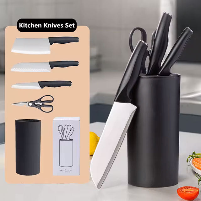 Kitchen Knife Set with Holder – Includes Chef Knife, Cleaver, Steak Knife, Scissors & Peeler – Forged Blades with Durable Plastic Handles for Meat, Fruit & More