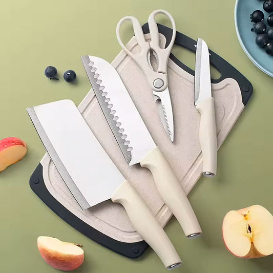 Kitchen Knife Set with Holder – Includes Chef Knife, Cleaver, Steak Knife, Scissors & Peeler – Forged Blades with Durable Plastic Handles for Meat, Fruit & More