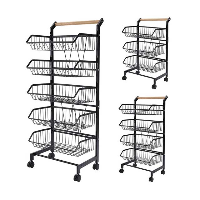 3/4/5 Tier Kitchen Storage Trolley with Wheels – Rolling Vegetable & Fruit Basket Organizer Rack with Shelves