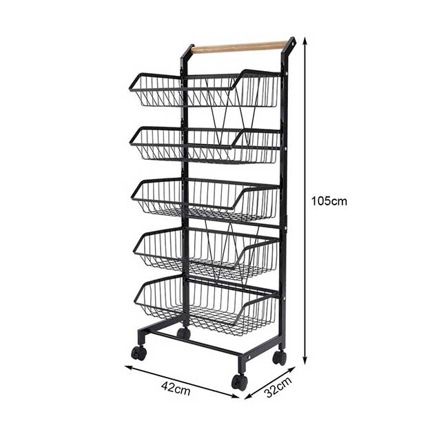 3/4/5 Tier Kitchen Storage Trolley with Wheels – Rolling Vegetable & Fruit Basket Organizer Rack with Shelves