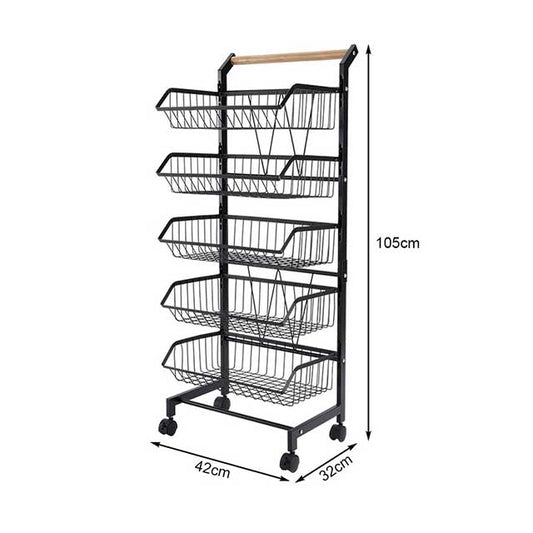 3/4/5 Tier Kitchen Storage Trolley with Wheels – Rolling Vegetable & Fruit Basket Organizer Rack with Shelves