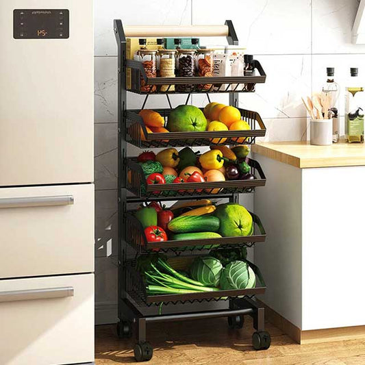 3/4/5 Tier Kitchen Storage Trolley with Wheels – Rolling Vegetable & Fruit Basket Organizer Rack with Shelves