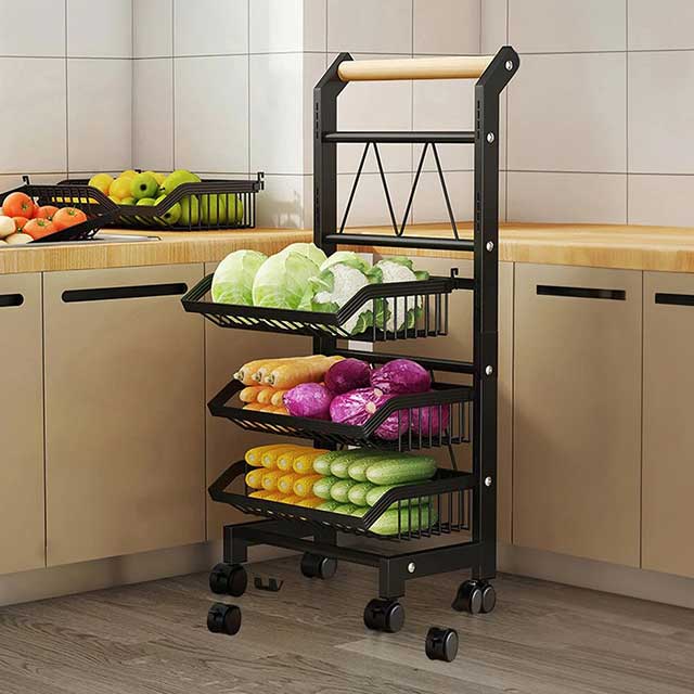 3/4/5 Tier Kitchen Storage Trolley with Wheels – Rolling Vegetable & Fruit Basket Organizer Rack with Shelves