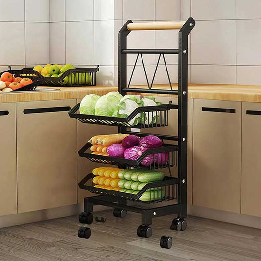 3/4/5 Tier Kitchen Storage Trolley with Wheels – Rolling Vegetable & Fruit Basket Organizer Rack with Shelves