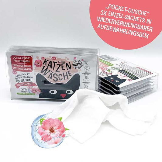 Kleine Katzenwäsche "Fresh Flower" Wet Wash Cloth with Aloe Vera – 5-Piece Pocket Shower Box for Camping, Hiking, Travel, and Wedding Goodie Bag Refreshment