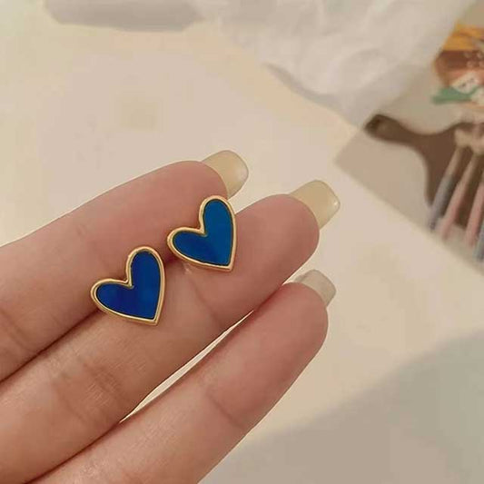 Korean Enamel Heart Stud Earrings for Women – Vintage Dark Green & Gold Color Fashion Jewelry | Cute Versatile Earrings