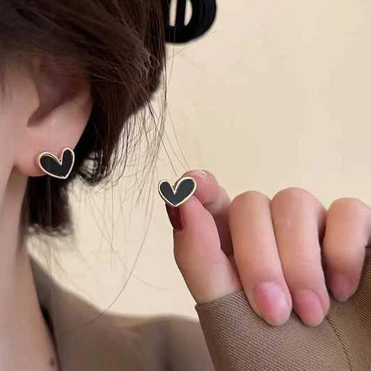 Korean Enamel Heart Stud Earrings for Women – Vintage Dark Green & Gold Color Fashion Jewelry | Cute Versatile Earrings