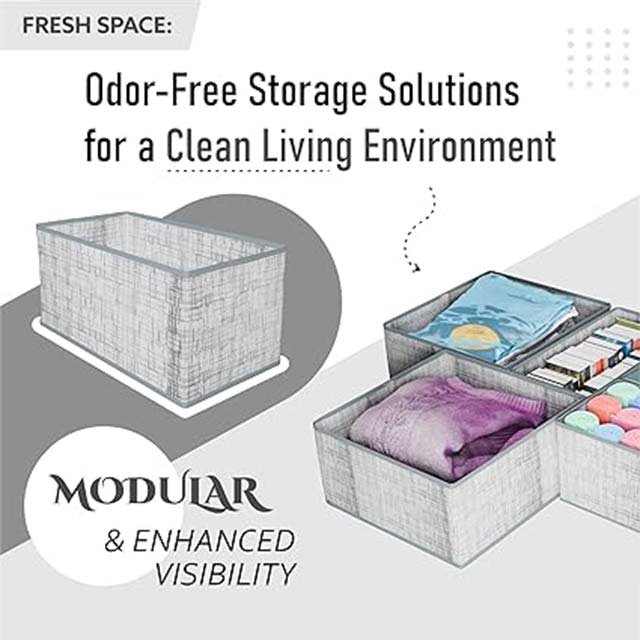 Kuber Industries Grey Non-Woven Foldable Drawer Organizer – Jute-Print Storage Box for Clothes, Socks, Bras, Scarfs &amp; Stationery – Wardrobe &amp; Cabinet Organizer