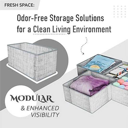 Kuber Industries Grey Non-Woven Foldable Drawer Organizer – Jute-Print Storage Box for Clothes, Socks, Bras, Scarfs &amp; Stationery – Wardrobe &amp; Cabinet Organizer