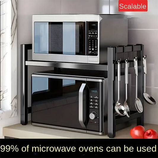 LANTUTU Expandable Microwave Oven Rack – 2-Tier Stainless Steel Countertop Organizer with 6 Hooks for Kitchen Storage – Perfect Mother’s Day Gift